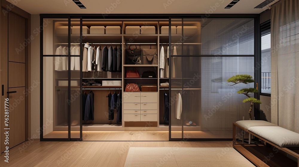 Japandi walk-in closet with low-profile storage, sliding doors, and ...