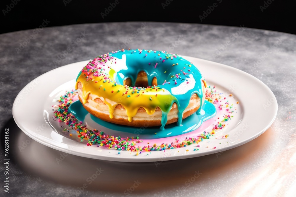 Delicious glazed donut topped with colorful sprinkles on white plate. For advertise cafe, bakery, confectionery, promote sweets, desserts on social network, on restaurant menu, on website, banner. Delicious glazed donut topped with colorful sprinkles on white plate. For advertise cafe, bakery, confectionery, promote sweets, desserts on social network, on restaurant menu, on website, banner.