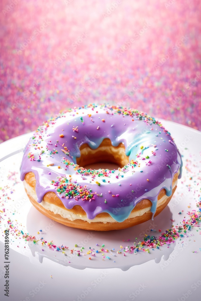 Freshly baked donut topped with generous amount of rainbow-colored sprinkles drizzled with rich sweet icing on pristine white plate. For culinary book, magazine, food blog, social media platforms. Freshly baked donut topped with generous amount of rainbow-colored sprinkles drizzled with rich sweet icing on pristine white plate. For culinary book, magazine, food blog, social media platforms.