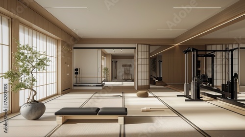 Japandi-inspired home gym with tatami flooring  minimalist equipment  and shoji screens.