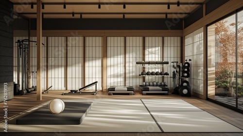 Japandi-inspired home gym with tatami flooring, minimalist equipment, and shoji screens.