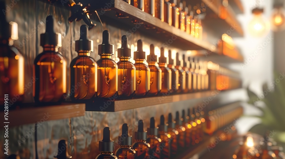 Brown glass bottles on shelf. Beauty serums, 
essential oils, homeopathy. Horizontal shot. Organic market, drugstore