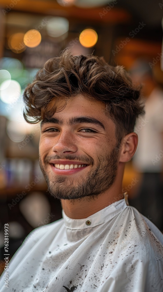 Obraz premium Portrait of young handsome man smiling at the camera in a barbershop