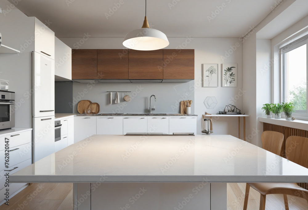 Modern empty tabletop on blurry kitchen interior background Modern empty tabletop on blurry kitchen interior background