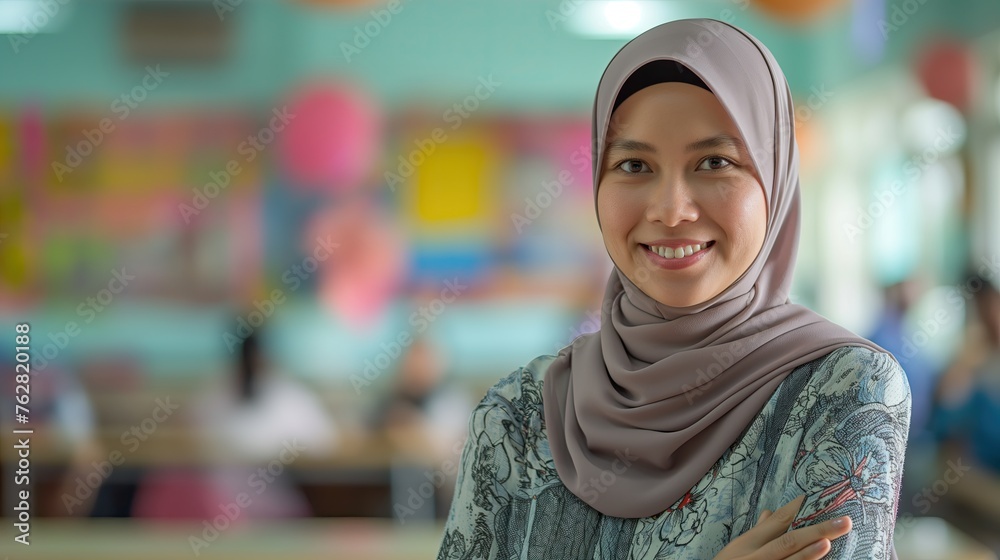 Portrait of smiling hijab teacher standing in front of blackboard in classroom Portrait of smiling hijab teacher standing in front of blackboard in classroom