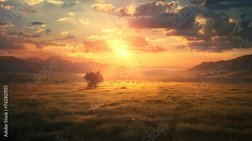 a serene and picturesque sunset over a vast landscape