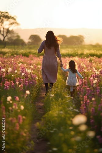 a woman and a little girl are walking through a field of flowers holding hands
