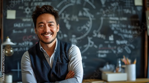 Portrait of smiling asian teacher standing with crossed arms against blackboard