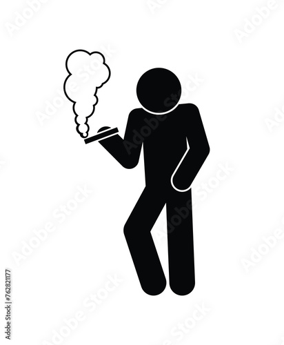 smoking icon, stick figure human silhouette with cigarette, man standing, isolated vector