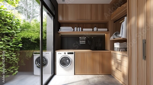 Laundry room with Japandi aesthetics, wooden shelving, and concealed appliances


