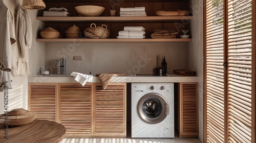 Laundry room with Japandi aesthetics, wooden shelving, and concealed appliances


