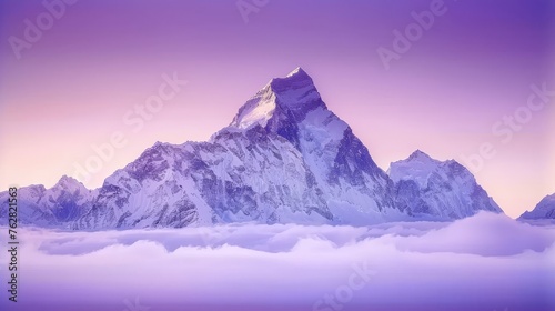a snow covered mountain in the middle of a cloud filled sky with a pink and purple sky in the background.