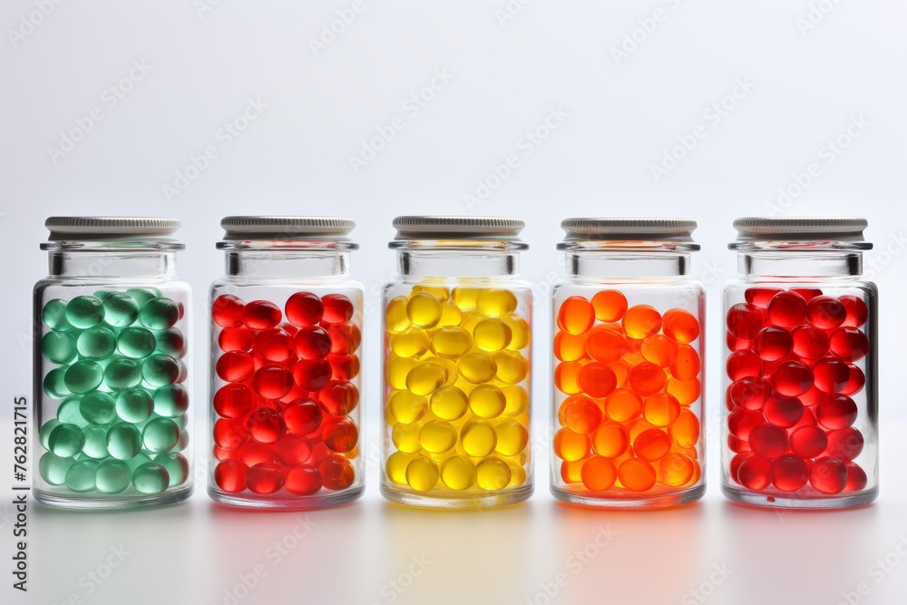 Transparent jars with colorful medication capsules on light background for health and wellness Transparent jars with colorful medication capsules on light background for health and wellness