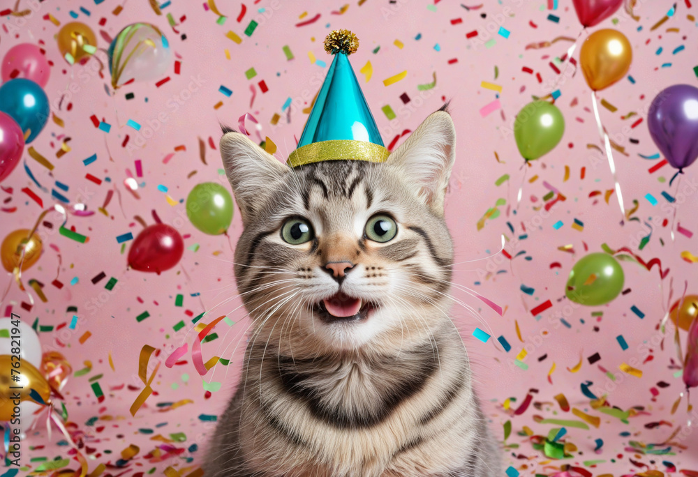 Big tabby gray cat celebrates birthday in cap on festive confetti background Big tabby gray cat celebrates birthday in cap on festive confetti background