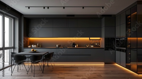 Monochromatic kitchen in shades of grey  with under-cabinet lighting  stainless steel appliances  and a minimalist dining area   