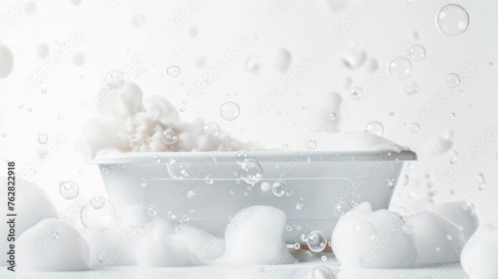 A bubbly scene of soap suds and bubbles contained within a tub, isolated on white for clarity - obrazy, fototapety, plakaty 