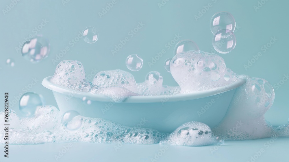 A bubbly scene of soap suds and bubbles contained within a tub, isolated on white for clarity - obrazy, fototapety, plakaty 