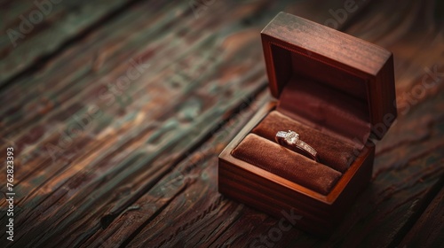 A classic ring in a box, set upon a wooden table, capturing a moment of anticipation or proposal