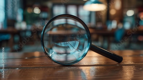 A close-up of a single magnifying glass with a black handle, resting on a wooden table within an office setting, hinting at the investigative work that takes place there