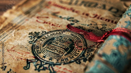 A close-up view capturing the intricate details of a vintage educational diploma, imbued with a sense of tradition and achievement