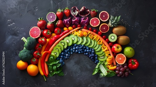 A collection of fruits and vegetables arranged by color to form a natural rainbow, celebrating the diversity and vibrancy of healthy food