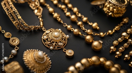 A collection of gold jewelry pieces displayed against a black background  leaving space for text or additional content