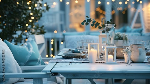 Outdoor dining area with a coastal theme  featuring light blue accents  white furniture  and fairy lights   