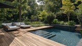 Outdoor pool area with Japandi-style landscaping, wooden decking, and minimalist seating

