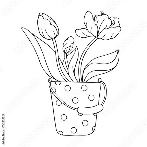 Linear sketch, coloring of a bouquet of spring tulip flowers in a vase.Vector graphics.