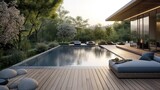 Outdoor pool area with Japandi-style landscaping, wooden decking, and minimalist seating


