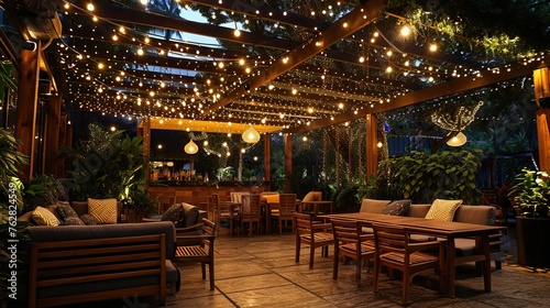 Outdoor seating area with earthy tones, wooden furniture, and a canopy of fairy lights


