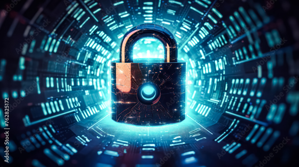 A blue and silver lock is shown in a futuristic setting. The lock is surrounded by a series of glowing squares, giving the impression of a computer chip. Concept of security and protection A blue and silver lock is shown in a futuristic setting. The lock is surrounded by a series of glowing squares, giving the impression of a computer chip. Concept of security and protection