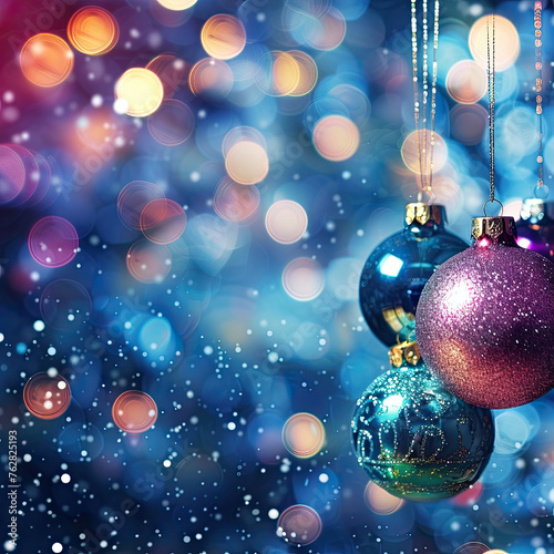 A blue  green  and purple Christmas ornament hangs from a string