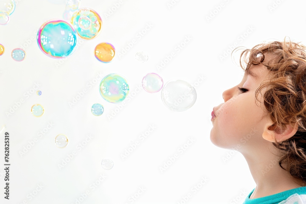 Iridescent Play: A Child Blowing Pastel Bubbles Iridescent Play: A Child Blowing Pastel Bubbles