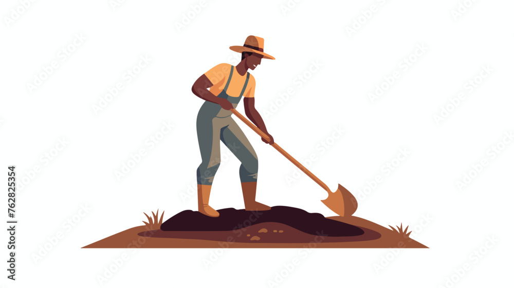 Farmer agricultural worker digging with shovel flat