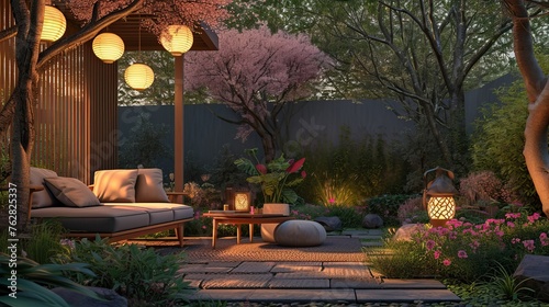 Outdoor seating area with Japandi-inspired furniture, lanterns, and a tranquil garden