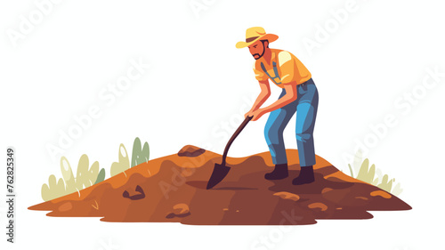 Farmer agricultural worker digging with shovel flat