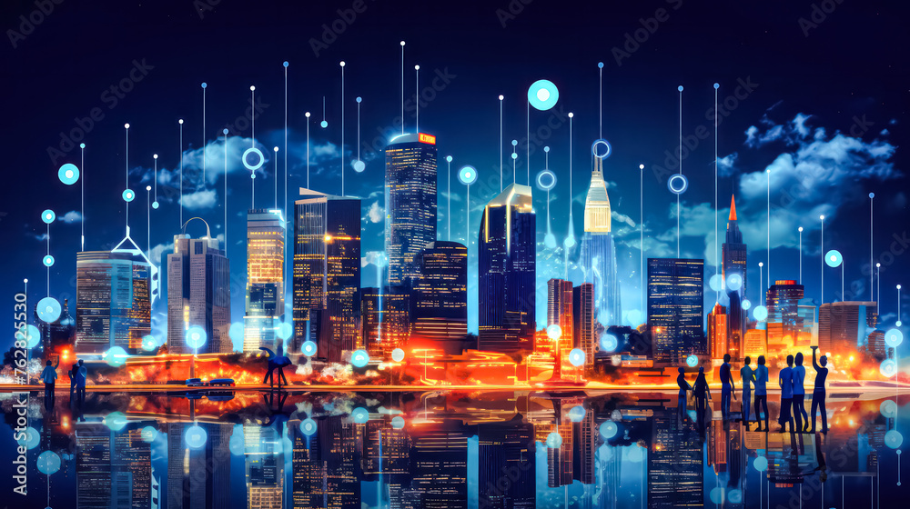 A city skyline with a group of people standing on the water. The city is lit up with lights and the people are looking up at the sky. Scene is one of excitement