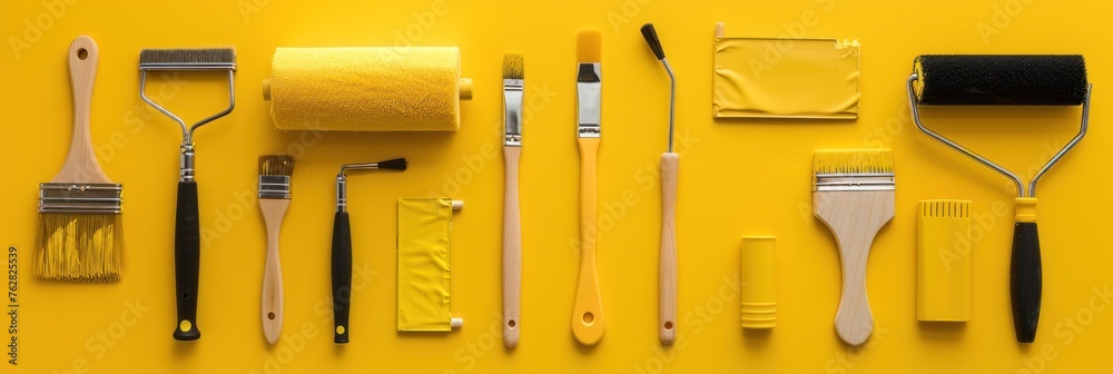 A variety of painting tools including brushes, rollers, and sponges arranged on a yellow background. - obrazy, fototapety, plakaty 