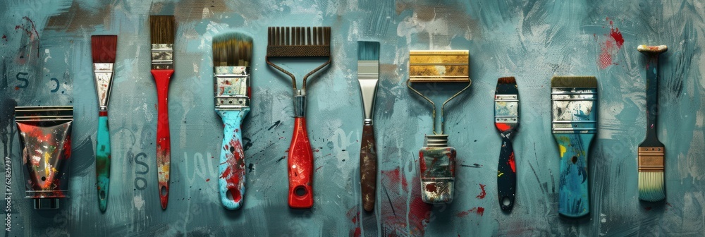 A blue surface with various sized paintbrushes lined up next to each other. - obrazy, fototapety, plakaty 