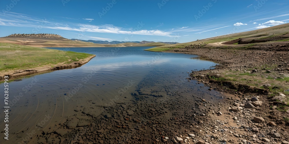Urgency for sustainable water practices highlighted by dried-up reservoir during extended drought. Concept Water Conservation, Drought Mitigation, Sustainable Practices, Reservoir Management