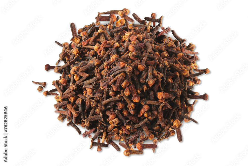 Obraz premium heap of dried spice clove aromatic flower bud in cutout transparent background,png format,top view 