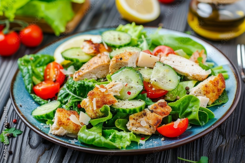 Caesar Salad with Chicken, Croutons, Tomatoes, Cucumbers on Blue Plate, Green Salad with Parmesan Caesar Salad with Chicken, Croutons, Tomatoes, Cucumbers on Blue Plate, Green Salad with Parmesan