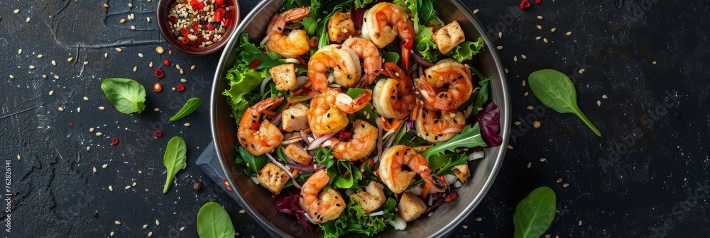 Caesar Salad with Shrimps, Chicken, in Metal Bowler with Sesame Seeds on Dark Stone Background