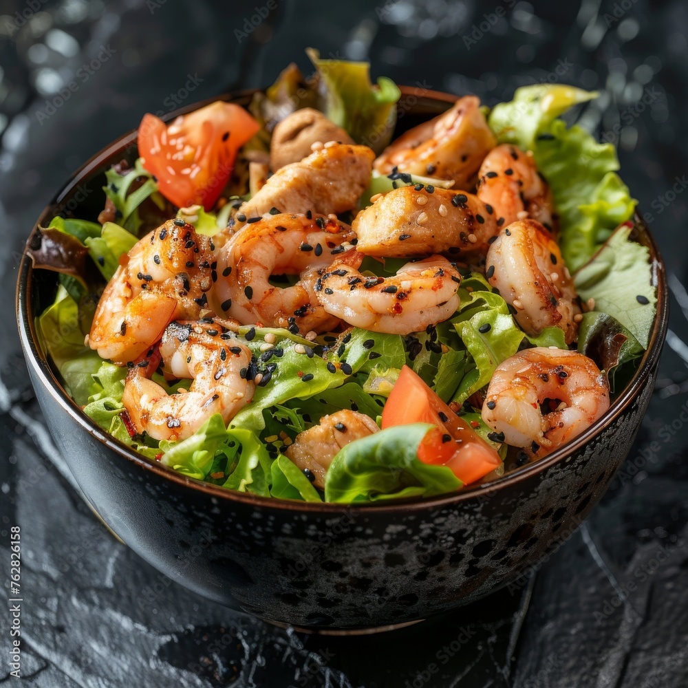 Caesar Salad with Shrimps, Chicken, in Metal Bowler with Sesame Seeds on Dark Stone Background