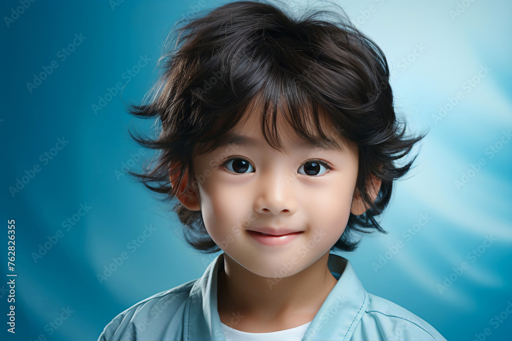 Portrait of happy smiling little Asian boy, close-up face isolated on blue background, with copy space.