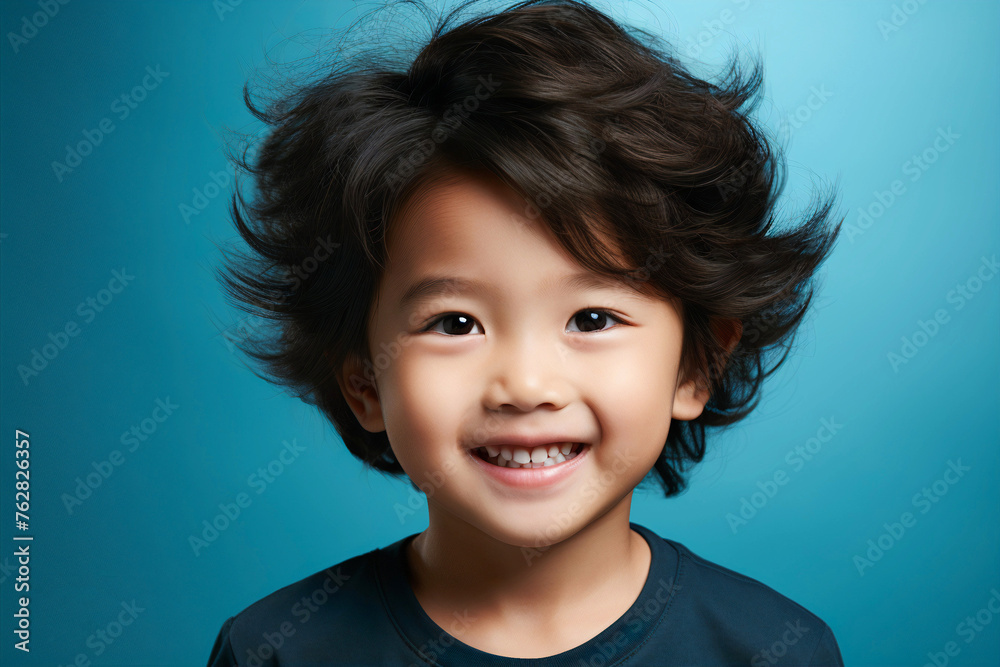 Portrait of happy smiling little Asian boy, close-up face isolated on blue background, with copy space.