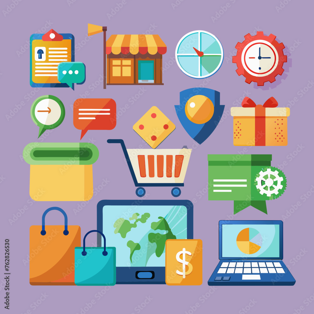 e-commerce shopping icons set. Online shopping icons set and payment elements