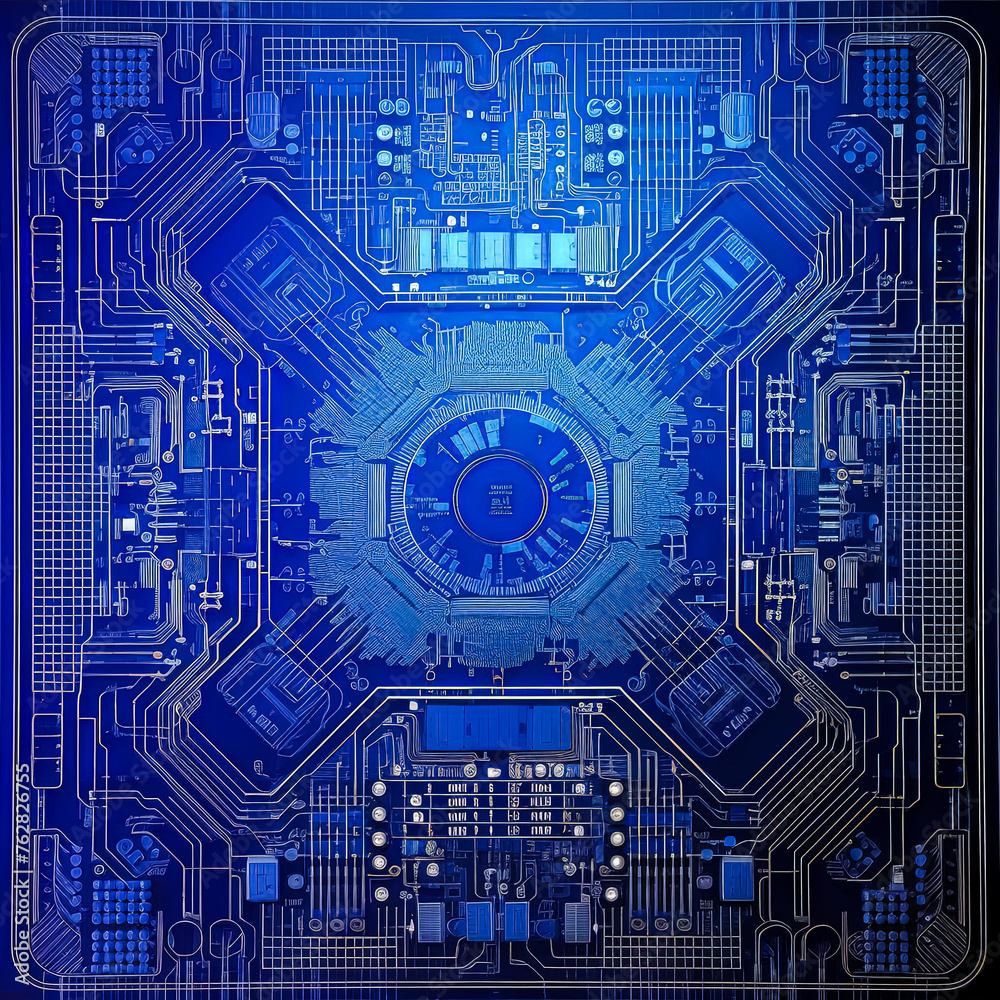 A blue and white image of a computer chip. The idea of the image is to show the inner workings of a computer chip
