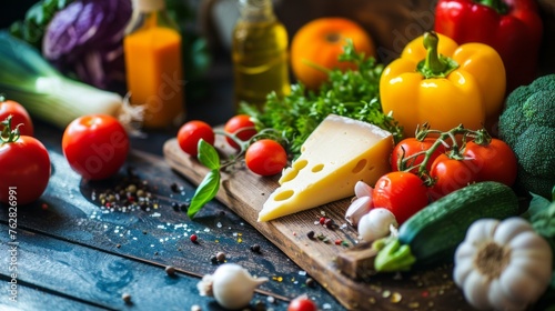 Cheese and vegetables on a tray on a wooden table, copy space. Generative AI